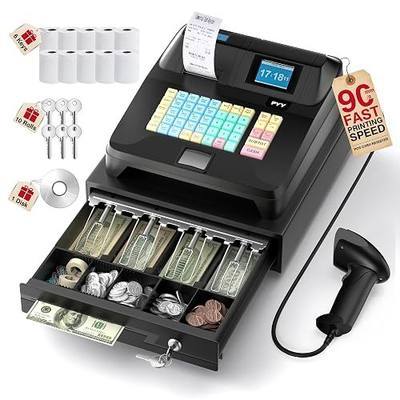 PYY Cash Register for Small Businesses with Scanner - Electronic Commercial Caja Registradora para Negocio with Lock Cash Drawer Box, 48 Keys, 8 Digital Dual Display, Retail Restaurant Supermarket