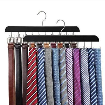 2 Pack Tie Rack and Belt Hanger 40 Hooks 360 Swivel Foldable Wooden Closet Rod Organizer Space Saving for Ties Belts Hats Bras Tank Tops Black