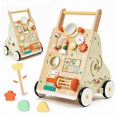 Wooden Baby Push Walker for 1 Year Old, Montessori Wood Walking Toy | with Adjustable Speed and Silent Rubber Wheels, 9-in-1 Activity Center Gift for Babies 6-12 Months