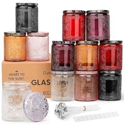 LumaCraft Luxury Embossed Glass Candle Jars for Making Candles - 12 Pack Empty Candle Containers with Airtight Metal Lids, 20 Wicks & 20 Stickers, Colored Glass Jars for Gifts & Decor-8OZ