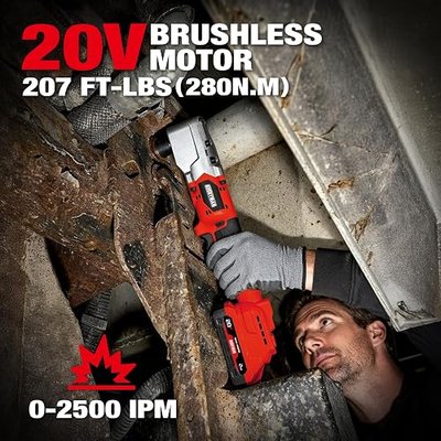 Alloyman 20V Brushless Right Angle Impact Wrench, 207 Ft-lbs(280N.M),1/2'' High Torque Cordless Power Tool with 2×2.0Ah Batteries, LED Light, 2-Speed Control, Compact 90° Design for Tight Spaces | Slim 90°head, 2-speed control,2 batteries,LED light, for Tight Spaces, Automotive Repair, Engine Bay &