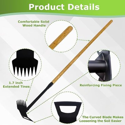60" Wood Handle Weed Puller Tool, 7-Tine Garden Hoe, Secure Fit, No Bending | Weed Remover Tool & Weed Hoe for Yard, Sidewalks & Driveways, Pulls out Deep Weed Roots Around Fences & Entrances
