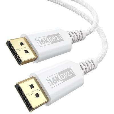 White DisplayPort Cable 2.1 6.6FT, 16K Display Port 2.1 Cable Braided DP Cord (54Gbps, 16K@60Hz, 8K@120Hz, 4K@240Hz, Dynamic HDR) for FreeSync G-Sync, Gaming Monitor, PC, Laptop, Graphics Card