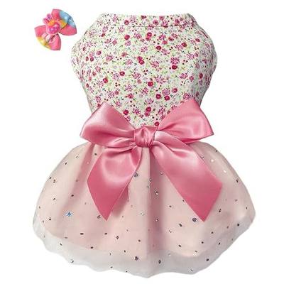 Small Dog Puppy Outfit -Easter Floral Dress (Stretch Cotton/Tulle, 3 Invisible Snaps) XXS Pink