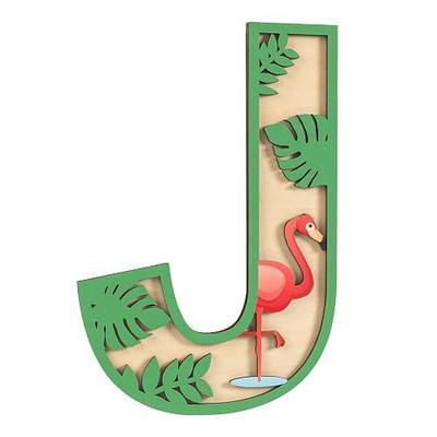 3D Layered Safari Nursery Wooden Letters for Wall Decor, 11.8" Green Large Baby Name Sign for Nursery, Animal Wood Alphabet Letter J Kids Room Initials for Front Door Shelf Home Decorations
