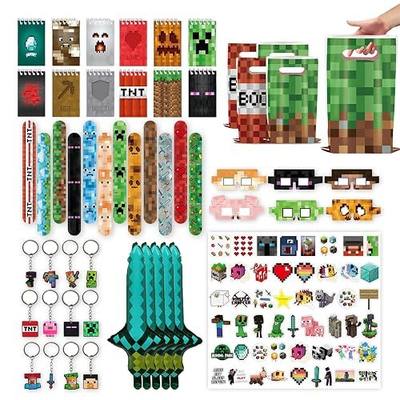 120 PCS Party Favors for Pixel Theme Birthday Party Supplies, Goodie Bag Stuffers Favors includes 50 Stickers, 12 Gift Bags,12 Wristbands,12 Keychains,10 Sword Foil Balloons,12 masks,12 Mini Notepads.