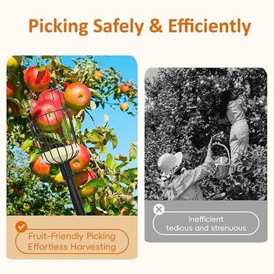 Pragmatist Fruit Picker Pole Tool with Basket, 9.6 FT (116 Inch) Adjustable Fruit Grabber Reacher Tool Long Handle Fruit Catcher for Apple Lemon Pear Citrus Mango Tree Gardening Supplies, Black