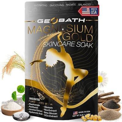 Magnesium Skincare Bath Soak | Epsom Salt & Dead Sea Minerals | Hyaluronic Acid, Niacinamide, Rice Extract & More | Stress Relief & Full Body Skin Hydration | Magnesium Gold by Geobath | 3lbs