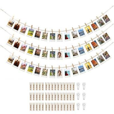 3PCS Hanging Photo Display with 45 Clips, 67 Inch Boho Wooden Bead Garland Photo Banner, Kids Art Display Collage Picture Postcard Display, Photo String for Bedroom Dorm Cubicle Wall Decor Teen Gifts