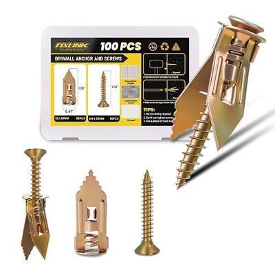 Self Drilling Drywall Anchors Kit, FIXLINK 100PCS Sheetrock Anchors & Screws, Zinc Plated Steel, No Drill or Holes in Wall, for TV, Wall Hanging, Cabinets
