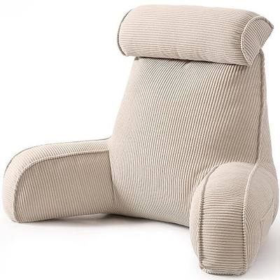 Reading Pillow for Sitting Up in Bed, Corduroy Backrest Pillow with Arms, Side Pocket & Washable Cover, Bed Rest Pillow Back Support for Adults, Beige Gray