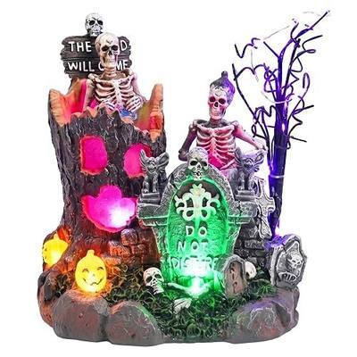 Valery Madelyn Halloween Decorations, Lighted Halloween Village with Music and LED Lights, Resin Spooky Tree and Skeleton Gravestones Scene Haunted House for Home and Party Table Desk Mantel, 8 Inch