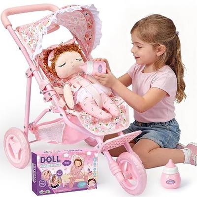 Toylink Baby Doll Stroller Toy Set for Girls Toddlers 3-5, 13.4" Baby Doll Accessories Set with Foldable Stroller & Bottle, Pretend Play Baby Toy Christmas Birthday Gifts for Kids 3 4 5 6 7 8 Year Old
