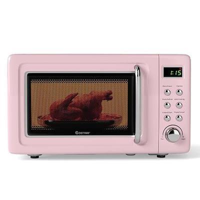 COSTWAY Small Microwave Countertop, Portable Pink Microwave 0.7 Cu.ft | 5 Micro Power, Delayed Start Function Glass Turntable & Viewing Window, LED Display, Child Lock, Retro Microwave for RV, Dorm