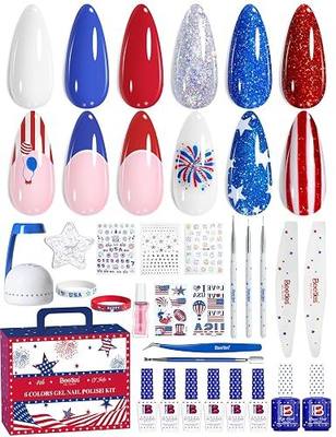 Beetles 4th of July Nails Gel Nail Polish Kit with U V Light, 6 Colors Red White Blue Independence Day Nail Gift Set, HEMA-Free TPO-Free Gel Polish, Base Top Coat Stickers Nail Art Tools DIY for Women