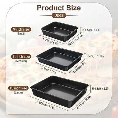 3 Pack Deep Baking Pan Set, 9/11/13 Inch Nonstick Roasting Pan, Rectangle Cake Pans, Heavy Duty Thickness Bakeware Roasting Tray, for Toaster Oven, Thanksgiving Christmas Roast Turkey(Black)
