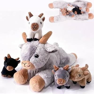5 Pcs Goat Stuffed Animal, 14 Inch Mommy Stuffed Goat Plush Toy with 4 Baby Goats Plushies, Soft Fluffy Goat Pillow Toys for Kids Christmas Birthday Gifts Farm Party Favors