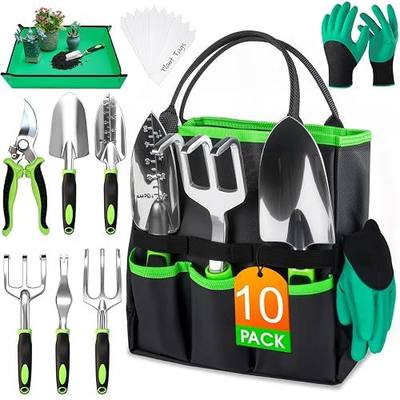 WOWBOX Garden Tools Set - 10 PCS, Heavy Duty Gardening Hand Tools Kit with Storage Tote, Rust-Resistant Gardening Supplies for Planting with Non-Slip Ergonomic Handle for Women and Men (Green)
