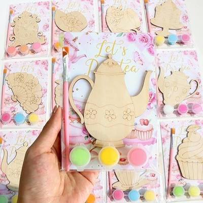 12 Pack Tea Party Favors for Girls, Floral Themed DIY Wooden Painting Craft Kits, Individually Wrapped Goodie Bag Fillers, Par-tea Birthday Party Decorations & Supplies