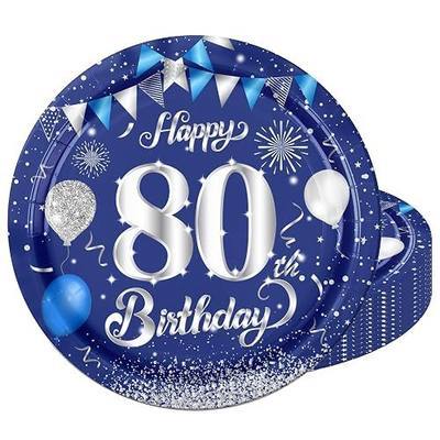 20Pcs Happy 80th Birthday Plates Navy Blue & Silver 80th Birthday Theme Party Tableware Dessert Plate Kit 9 Inch Paper Plates, for Men 80th Birthday Decorations Supplies