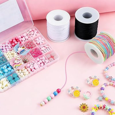 1mm Elastic Bracelet String 4 Rolls Strong Stretch Cord 660FT | Durable Elastic Cord, Black White 2 Rainbow, Easy Knotting, Fits Most Bead Sizes, for DIY Bracelet Necklaces Making and Kandi