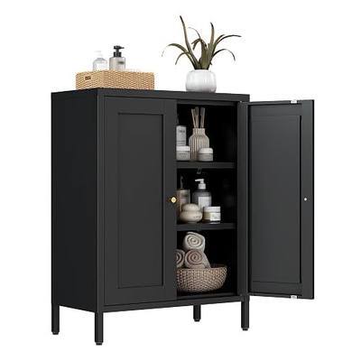 Bevivog Small Bathroom Storage Cabinet, Black Metal Locker Cabinet with 2 Doors and 2 Adjustable Shelves, Metal Floor Cabinets Sideboard for Home Office, Living Room, Hallway, Entryway