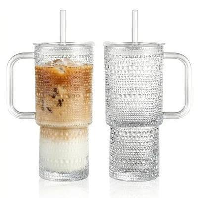 20 oz Glass Tumbler with Lid and Straw, Glass Iced Coffee Cups, Spill-proof Glasses Tumbler with Handle, Glasses Drinking Set of 2, Vintage Glassware for Cocktail, Juice, Smoothies