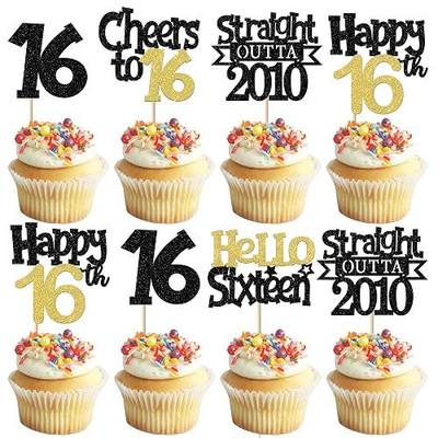 30PCS Happy 16th Birthday Cupcake Toppers Glitter Sweet 16 Straight Outta 2010 Cupcake Picks Sixteen Cheers to 16 Years Cake Decorations for 16th Birthday Party Decorations Supplies Black Gold