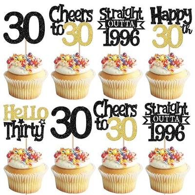 30PCS Happy 30th Birthday Cupcake Toppers Hello 30 Straight Outta 1996 Cupcake Picks Thirty Cheers to 30 Years Cake Decorations for 30th Birthday Anniversary Party Decorations Supplies Black Gold