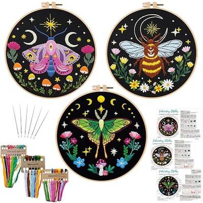 Nuberlic 3 Pack Embroidery Kit for Beginners, Moth and Bee Patterns | Pre-printed Cross Stitch Kit Including Cloth, 7.9Inch Hoop, Needles Instructions,Threads,Craft Gift And Room Decor