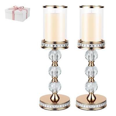 14.7" Tall Hurricane Candle Holder, Pillar Candle Holders with Glass Sleeve with Gift Box, Crystal Candle Stands for Home Warming, Weddiing, Dining Room Decor, Table Centerpiece (2, Gold, L)