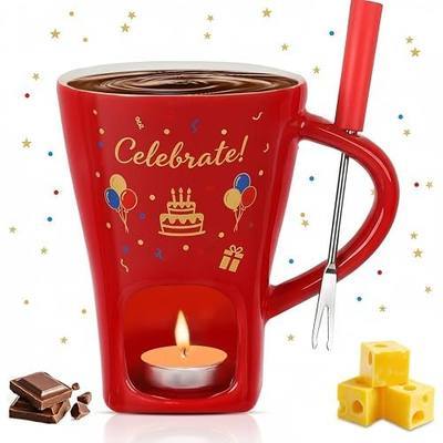 Mini Personal Chocolate Fondue Mug with 2 Forks and 2 Tealights Ceramic Mug | Chocolate Melting Cup for Cheese, Butter - Birthday Gift, Date Night & Wedding Celebrations(Red)