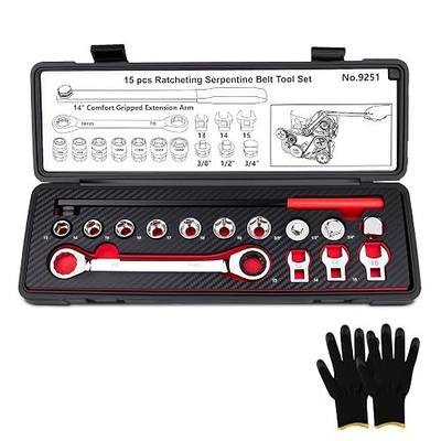 15PCS Serpentine Belt Tool Kit for Belt Removal & Installation | Professional Serpentine Belt Tensioner Tool Kit with Ratcheting Wrench, 13-19mm Sockets, Crowfoot Wrenches, CR-V Steel