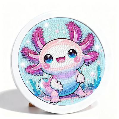 Gemozaic Axolotl Diamond Art Kits for Kids with Round Frame, Cute Axolotl Diamond Art for Kids Ages 8-12, Animal Kid Gem Painting for Gift Home Wall Decor (8x8inch)