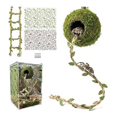 Magnetic Jumping Spider Hideout,Habitat Décor Kit - Handmade Moss Hideout with Climbing Rope,Hemp Rope Bridge,2Pcs Climbing Web& Loose Moss,Fun Enclosure Accessories for Climbing & Hiding (4.5cm)