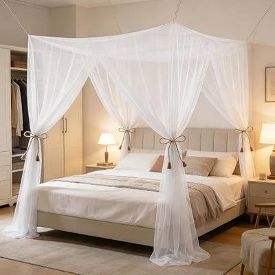 4 Corners Mosquito Net for Bed, White Canopy Bed Curtains | Bed Canopy Netting for Full Queen King Size Bed, Suitable for Bedroom Camping Outdoor Travel