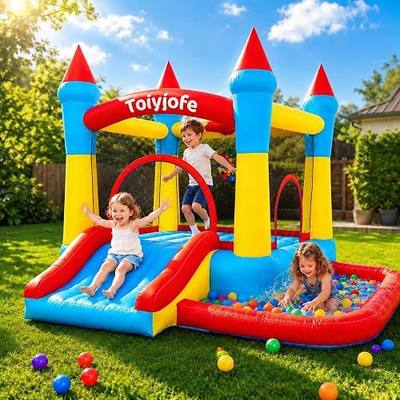 Bounce House for Kids 3-6, Toddler Indoor Outdoor Inflatable Bouncy Castle | 5-in-1 Small Jump House with Slide & Ball Pit & Hoop for Backyard Family Home Birthday Party, Includes 370W Blower