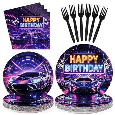 96Pcs Sports Cars Themed Birthday Party Decorations for Boys Serves 24 | Neon Sports Cars Paper Plates Napkins Forks Disposable Racing Car Tableware Set for Boys Racing Car Birthday Decorations