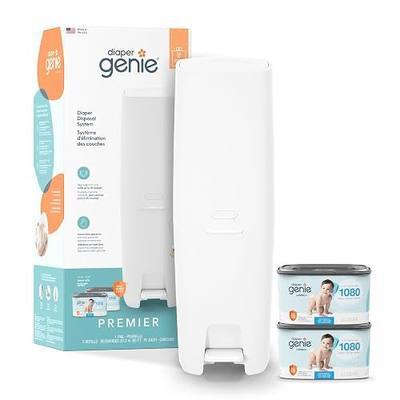 Diaper Genie Premier Diaper Pail Gift Set | Hands-Free Odor Control with Foot Pedal | High-Capacity Diaper Trash Can | Includes 2 Jumbo+ Refills (Holding up to 2,160 Newborn Diapers)