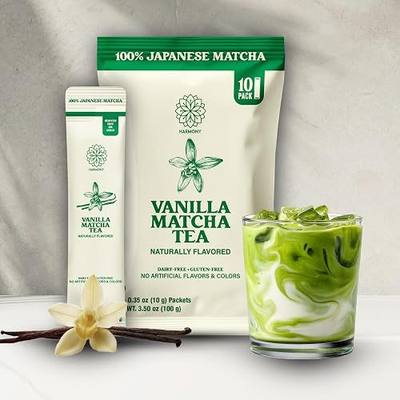 The Harmony Matcha Vanilla (10 Sticks) Premium Sweetened Japanese Matcha Powder, Rich in Antioxidants & L-Theanine, Dairy, Gluten, & Preservative Free, Serve Hot or Iced