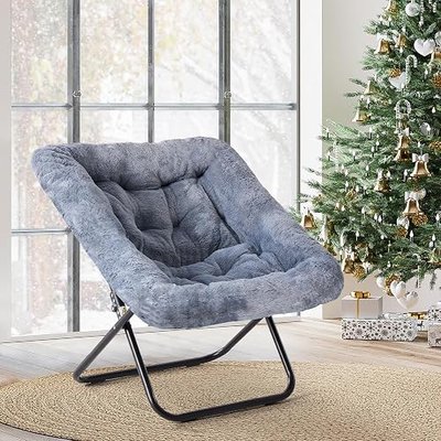 Simple Deluxe Oversized Square Moon Chair for Adults, Soft Faux Fur Folding Lounge Chair with Sturdy Steel Frame, Comfortable Reading Gaming Chair for Living Room, Bedroom, Grey