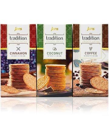Jans Variety Tradition Baked Crackers Cookie Thins, 4.2 oz (Coffee, Cinnamon & Coconut Flavors)