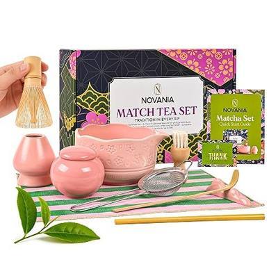 NOVANIA Pink Matcha Whisk Set - 10Pcs Premium Japanese Bamboo Matcha Kit with Bowl, Whisk Holder, Scoop, Sifter, Scoop Holder, Tea Cloth, Canister, Straw and Brush - Complete Set for Tea Lovers