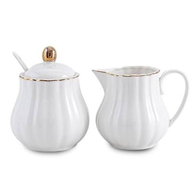 Ceramic Sugar and Creamer Set, 3 Piece Set with Cream Pitcher, Sugar Bowl, Spoon (White)