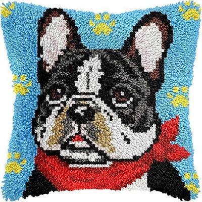 Colorful French Bulldog Latch Hook Kits for Adults Kids Beginners Cute Animals Latch Hook Pillow Kit Pre-Printed Latch Hook Rug Kits Cross-Stitch Embroidery Cushion for Home Sofa Decoration 17x17 in.
