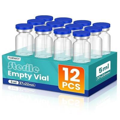 5ml Sterile Vials with Self Healing Injection Port and Sealing Cap, Glass Sterile Vials for Injections 12 Pack(Empty Vial, No Liquid)