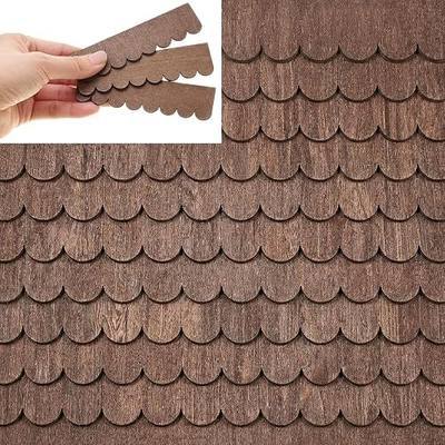 Wenqik 100 Strips Dollhouse Roof Shingles 4.25 x 1.14 Inches Each Mini Fish Scale Wooden Dollhouse Miniature Roofing for 1: 12 Scale Doll House Projects DIY Miniature Landscapes (Brown)