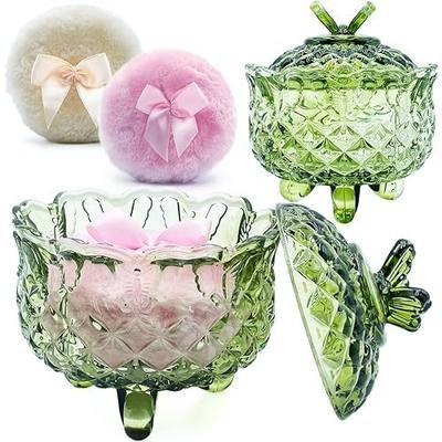 4" Glass Dusting Powder Container with 2 Fluffy Puffs,Cute 3.5" Soft Body Powder Puff and Jar Set(Butterfly-olive green)