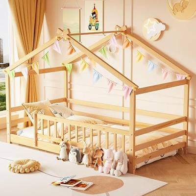 Twin House Bed, Montessori Floor Bed with Fence and Roof, Solid Wood Low Bed Frame with Headboard & Footboard for Boys & Girls, No Box Spring Needed, Natural