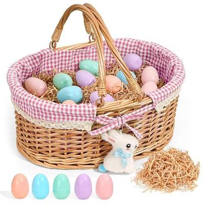 Gift-Ready Wicker Easter Basket with Grass, 12 Plastic Eggs & Plush Bunny Charm, Medium Oval Basket with Lined Interior for Kids Easter Gifts, Egg Hunt Prizes, Candy, Toys, Pink Gingham